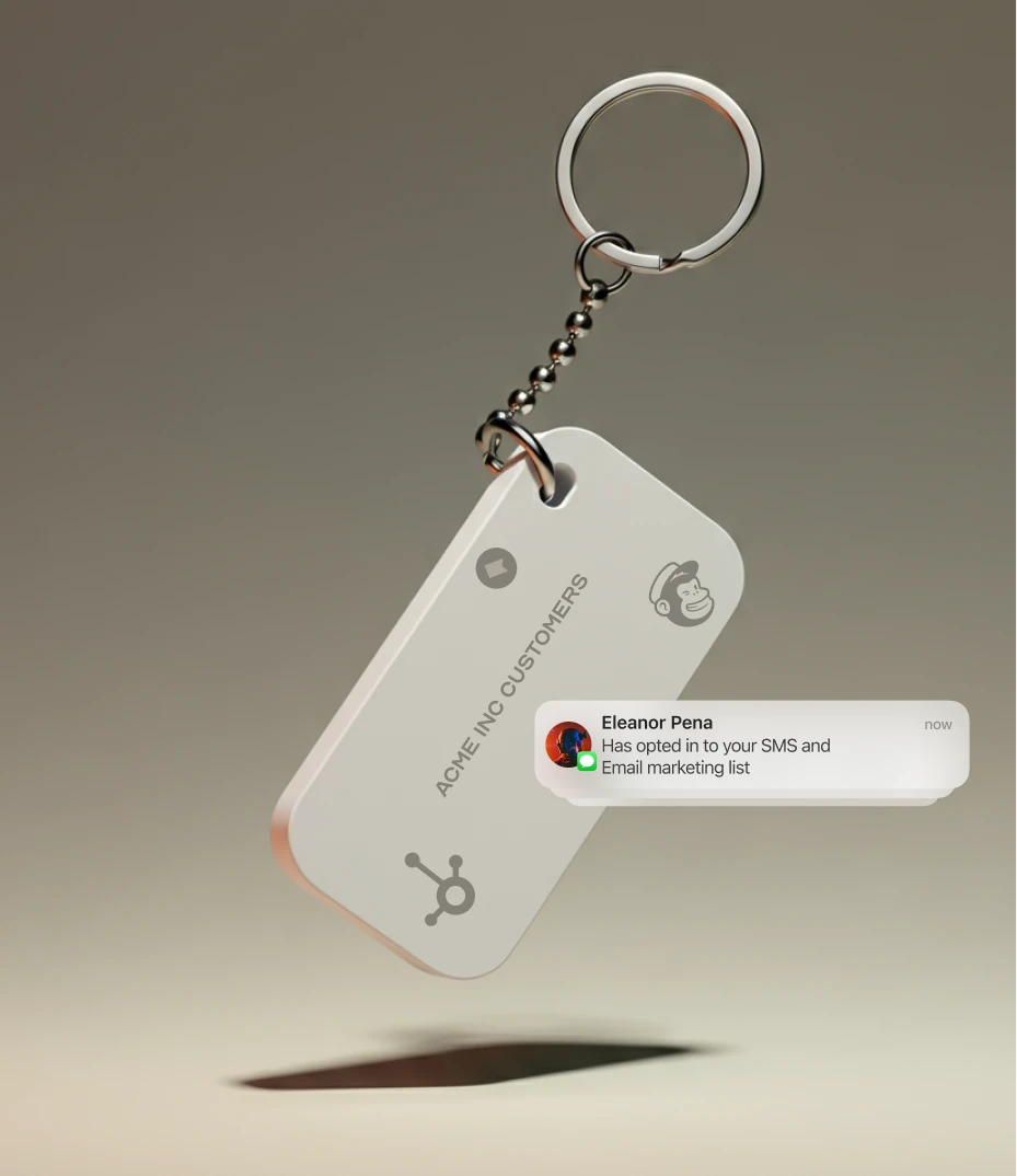 Floating customer keyring with marketing platform marks and an SMS and email opt-in notification