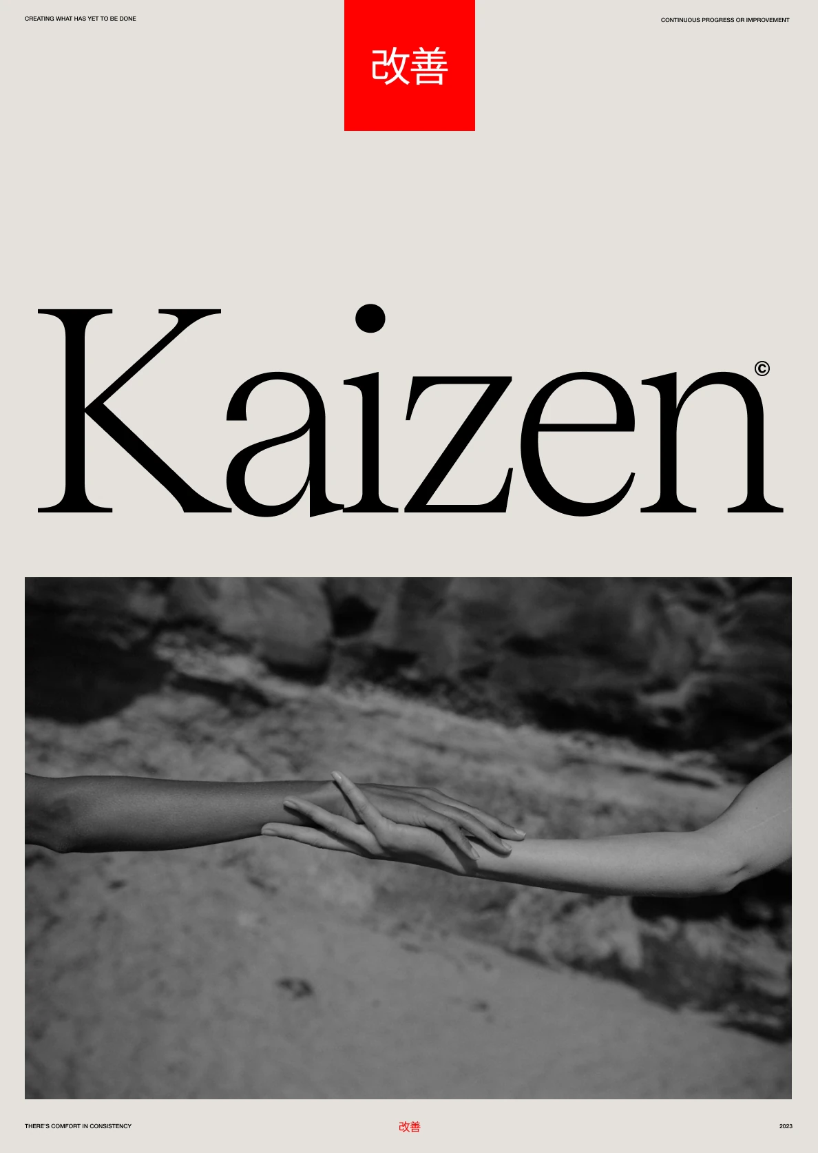 Kaizen poster with oversized black typography, a red Japanese wordmark and a monochrome photograph of two hands touching