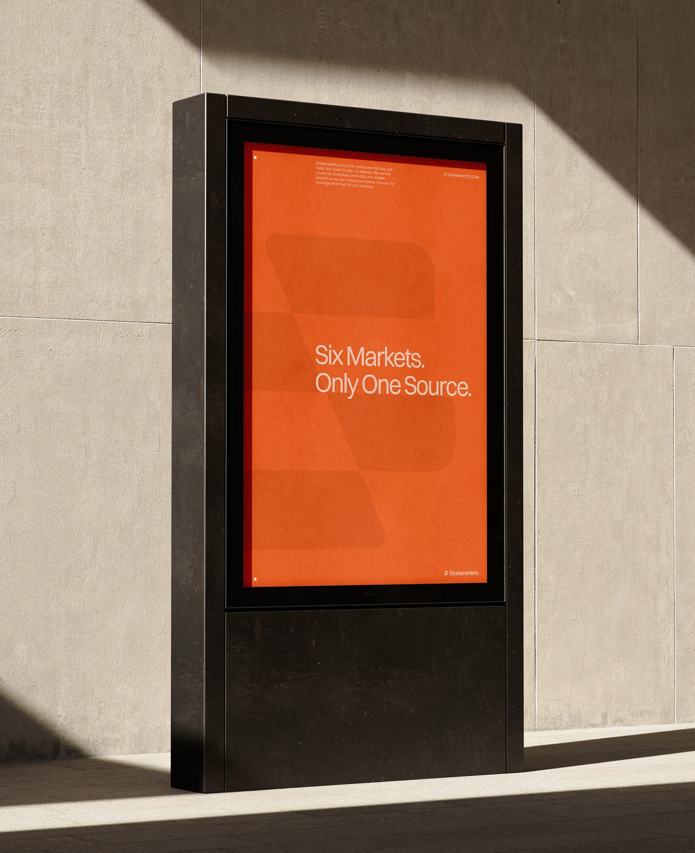 Stratamarkets orange Six Markets, Only One Source street poster